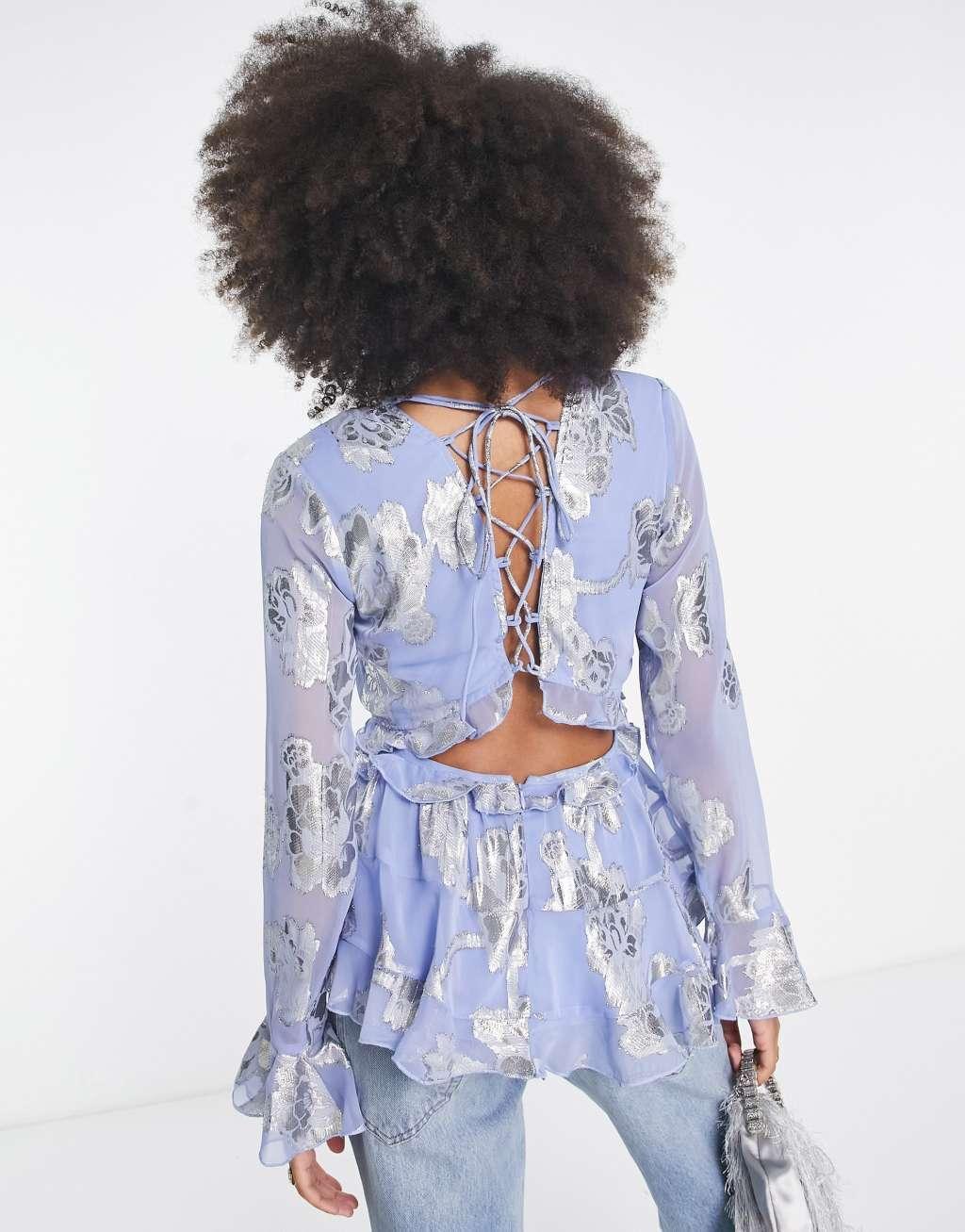 ASOS DESIGN foil applique blouse with cut out back and frill detail in blue  Product Image