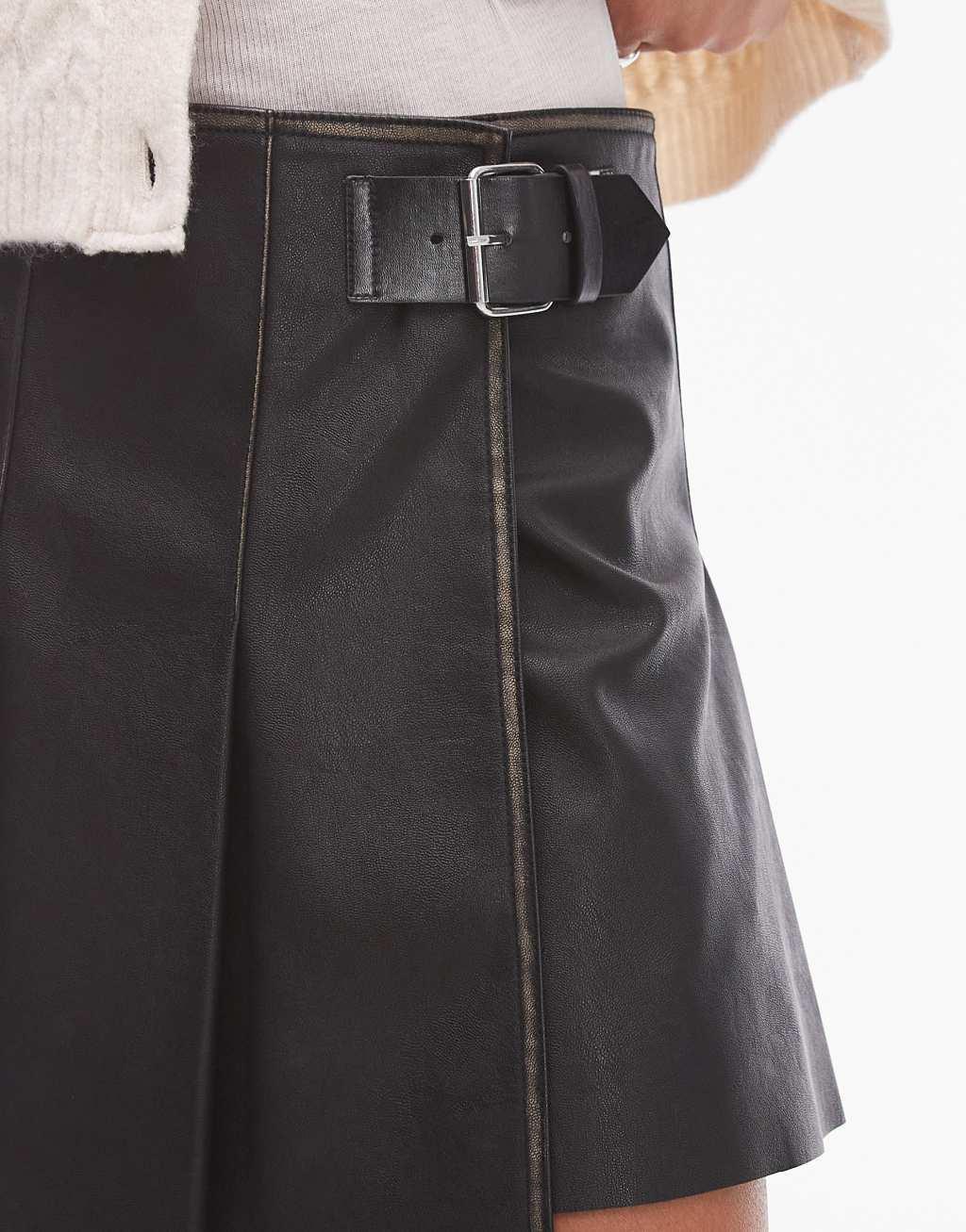 Topshop faux leather pleated low rise mini skirt in washed gray Product Image