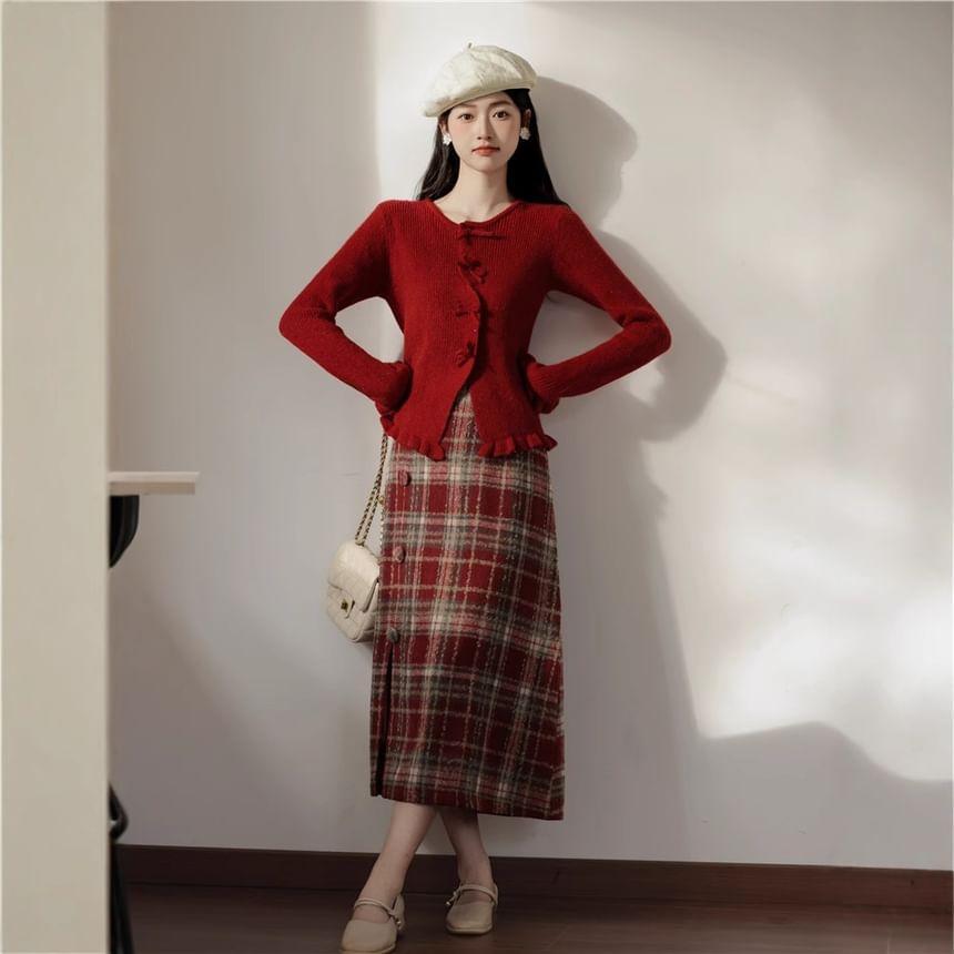 Set: Long-Sleeve Crew Neck Plain Bow Button Knit Top + High Waist Plaid Slit Midi A-Line Skirt Product Image