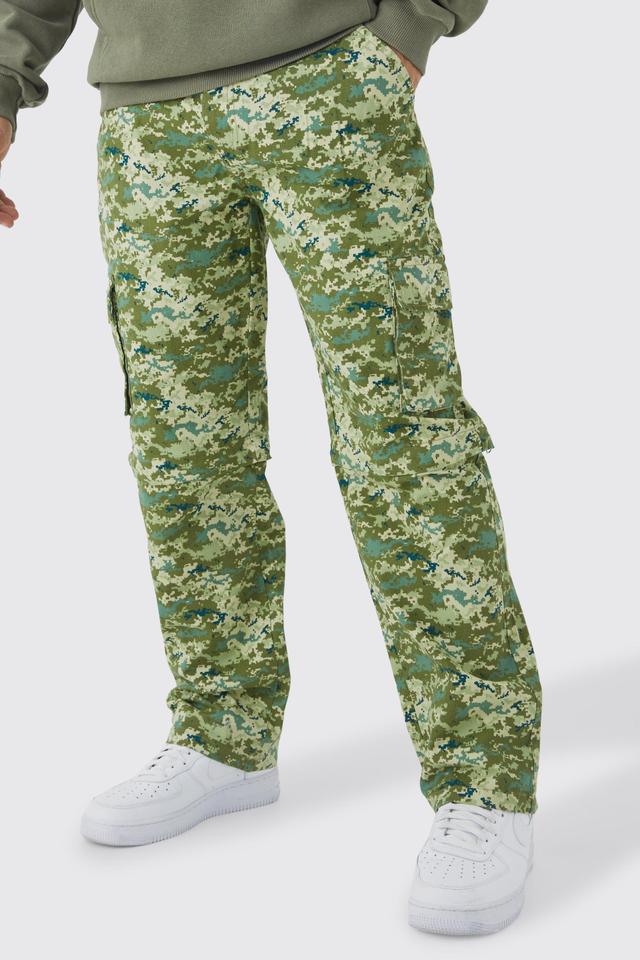 Fixed Waist Relaxed Zip Off Leg Camo Cargo Pants | boohooMAN USA Product Image