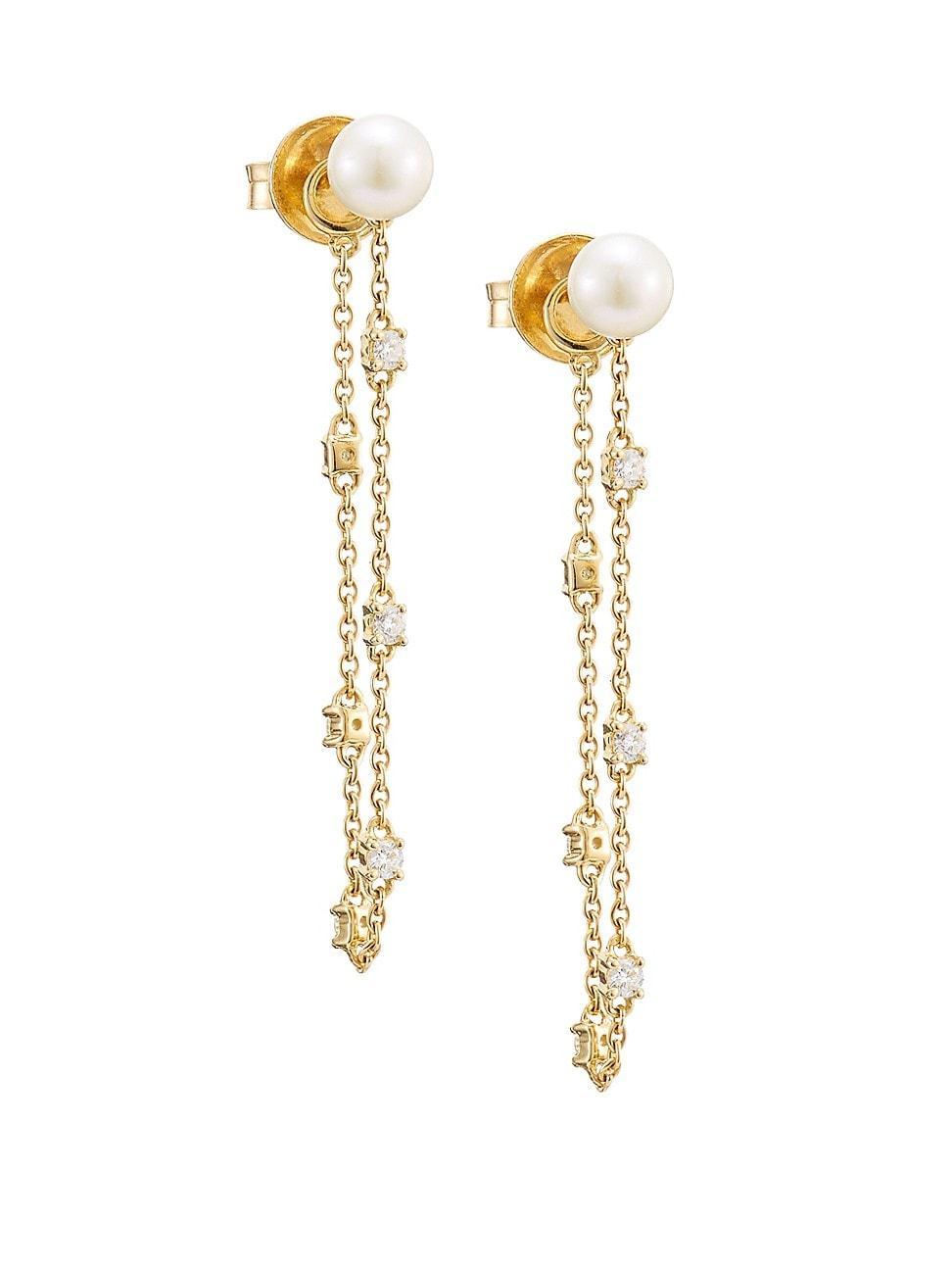 18K Yellow Gold, Pearl & Diamond Chain Earrings Product Image