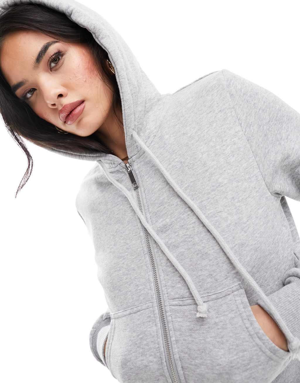 Cotton On cropped fitted zip up hoodie in gray heather  Product Image