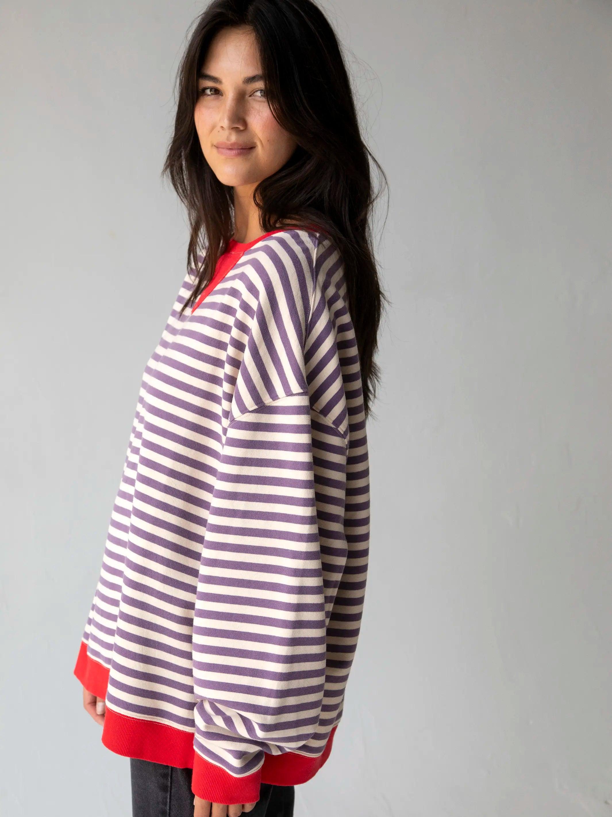 Oversized Striped Sweatshirt - Cream Purple Stripes Product Image