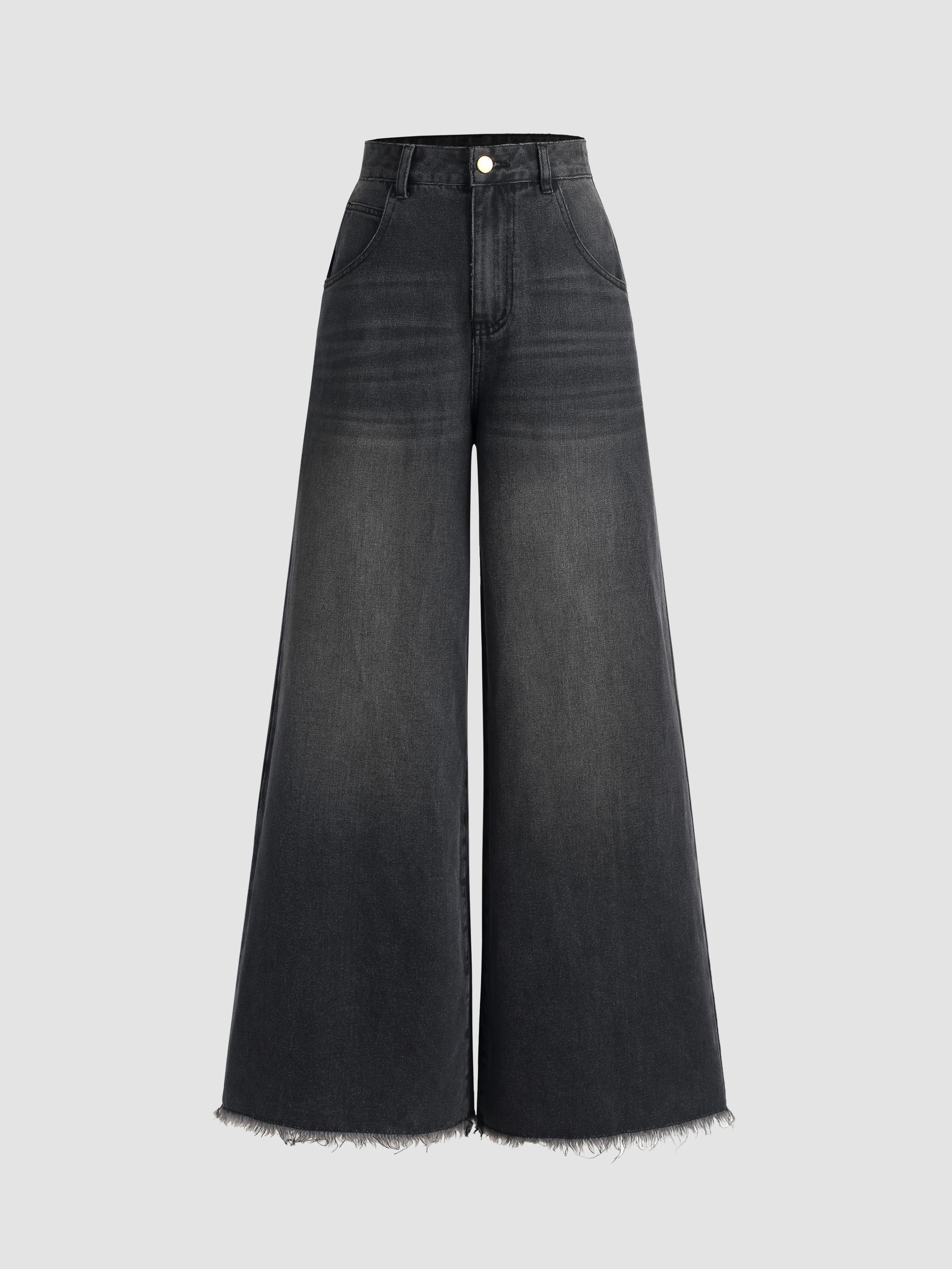 Mid Waist Solid Raw Hem Wide Leg Jeans Product Image