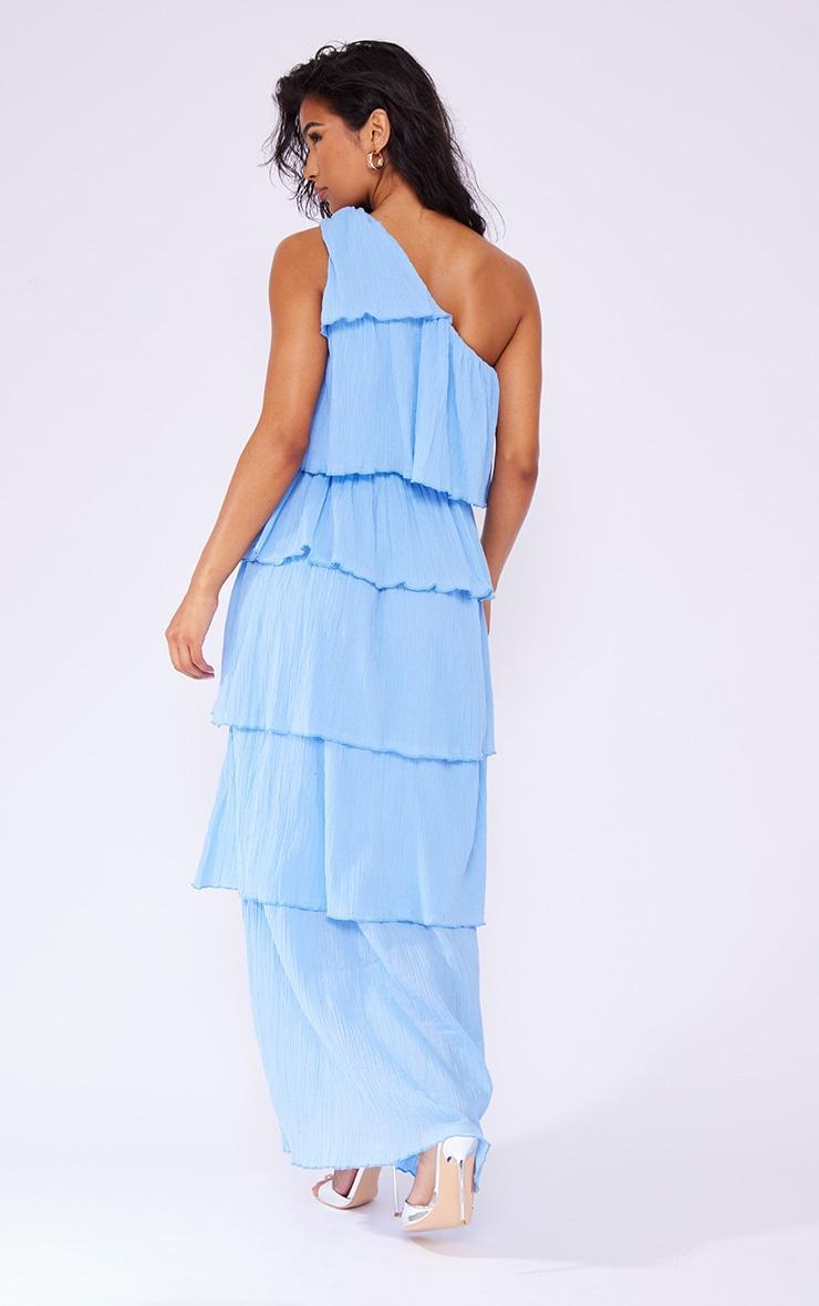 Light Blue Crinkle One Shoulder Tiered Maxi Dress Product Image