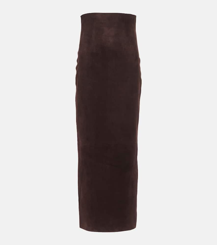 KHAITE Loxley High-waist Suede Midi Skirt In Brown Product Image