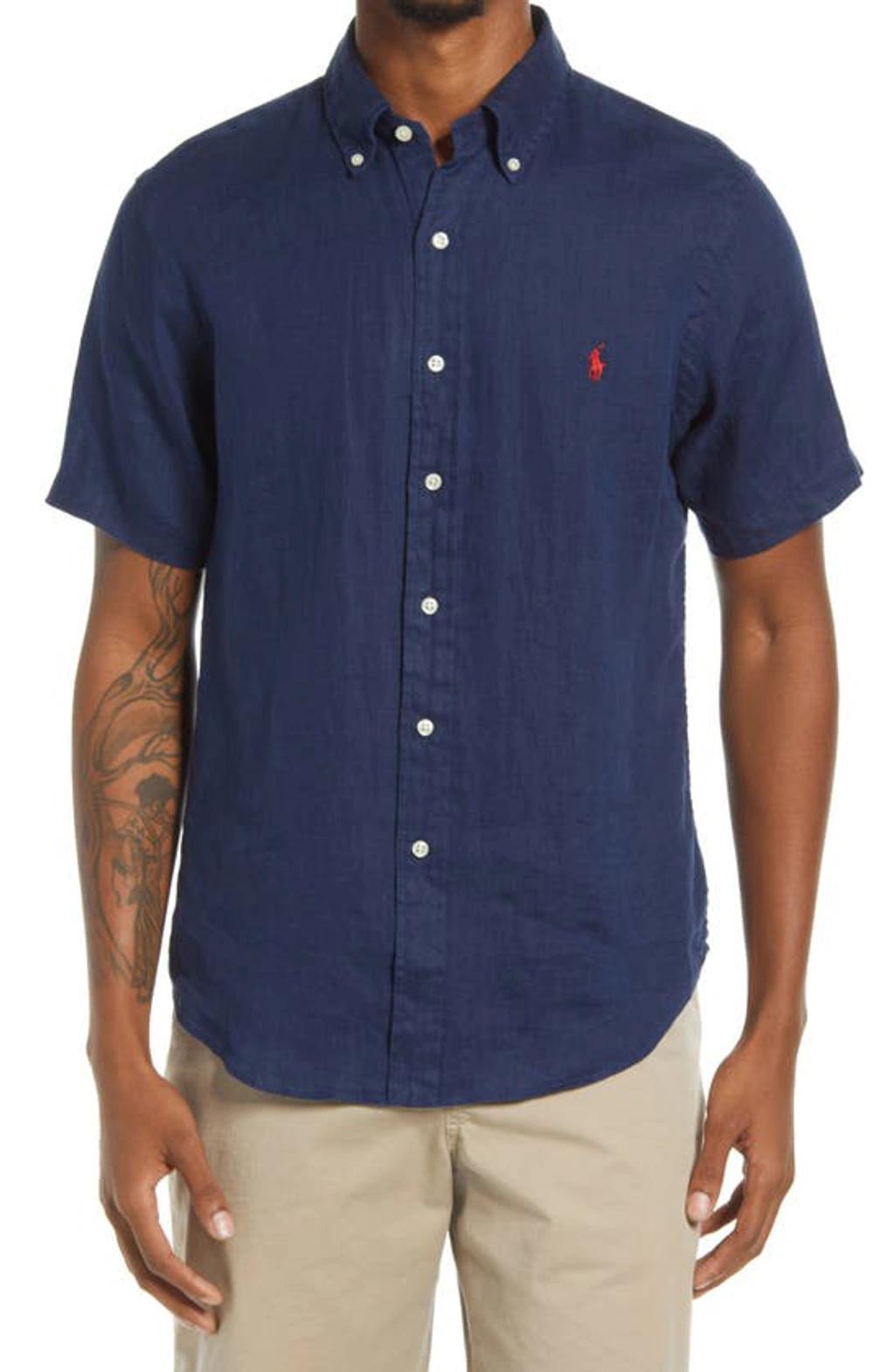 Piece-dyed Linen Classic-fit Short-sleeve Shirt In Navy Product Image