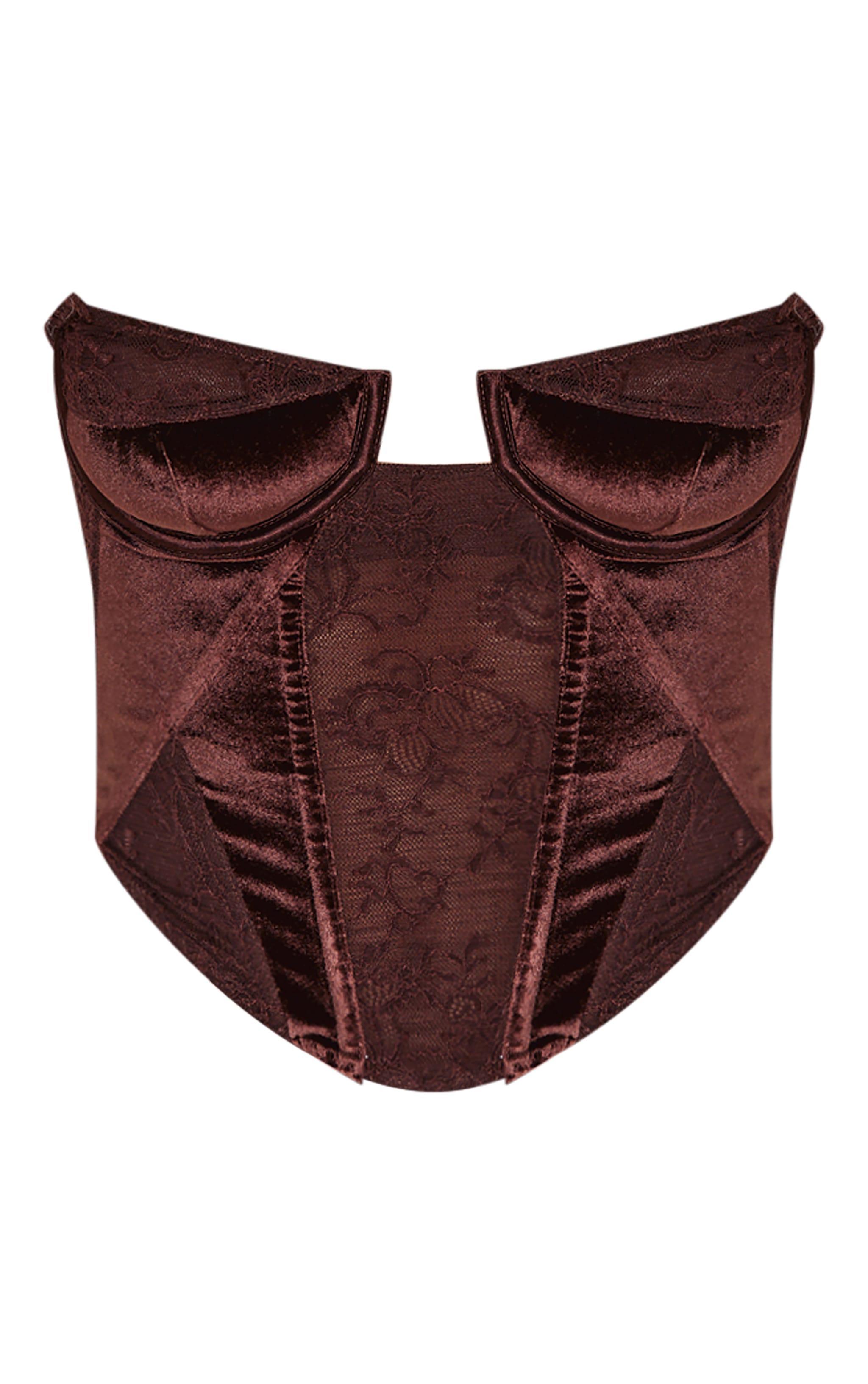 Petite Chocolate Bandeau Velvet Corset With Lace Details Product Image