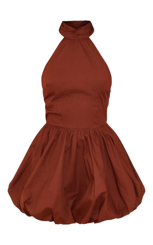 Chocolate Woven High Neck Tie Back Puff Ball Dress Product Image