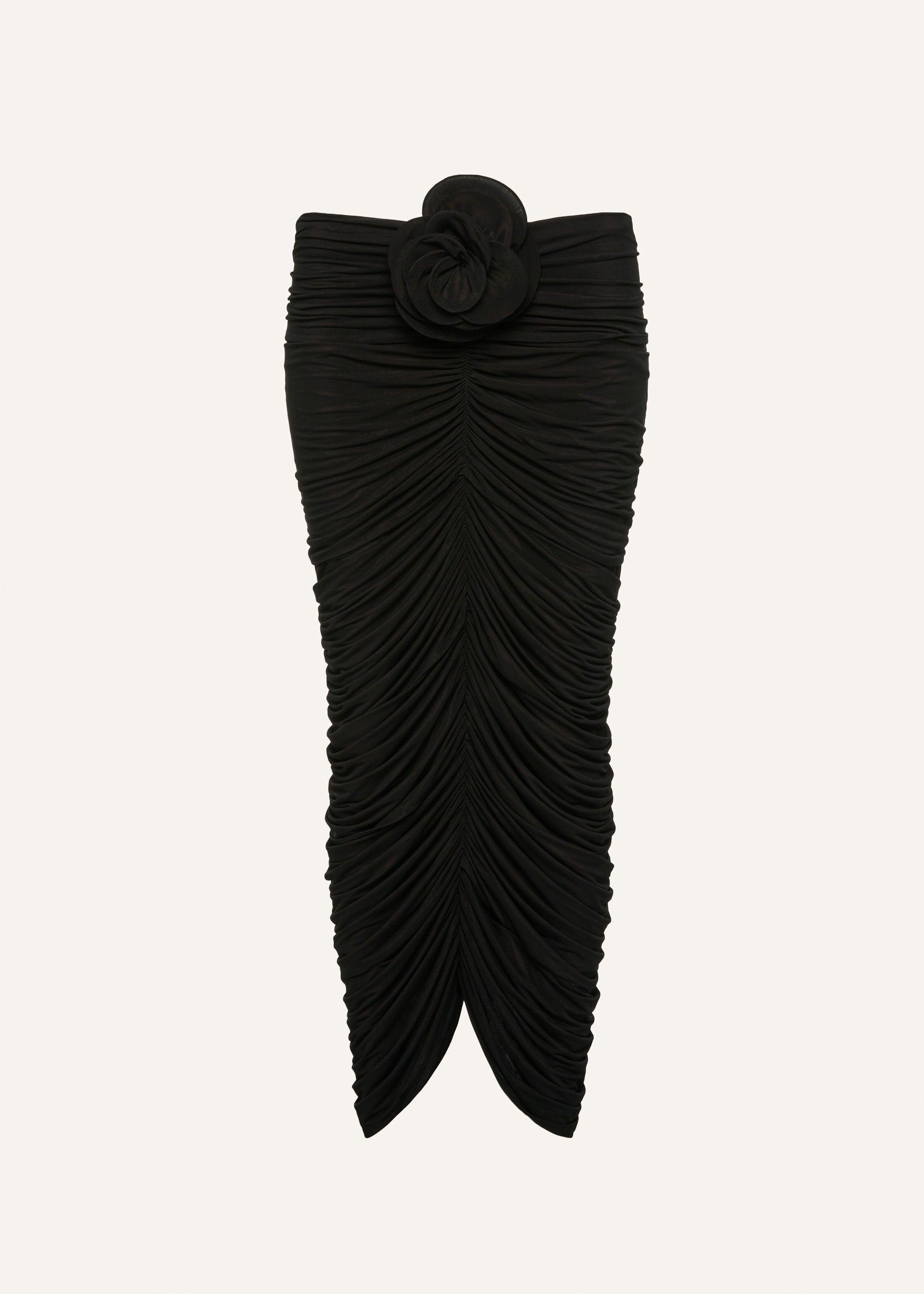 Ruched rose appliqué midi skirt in black Product Image