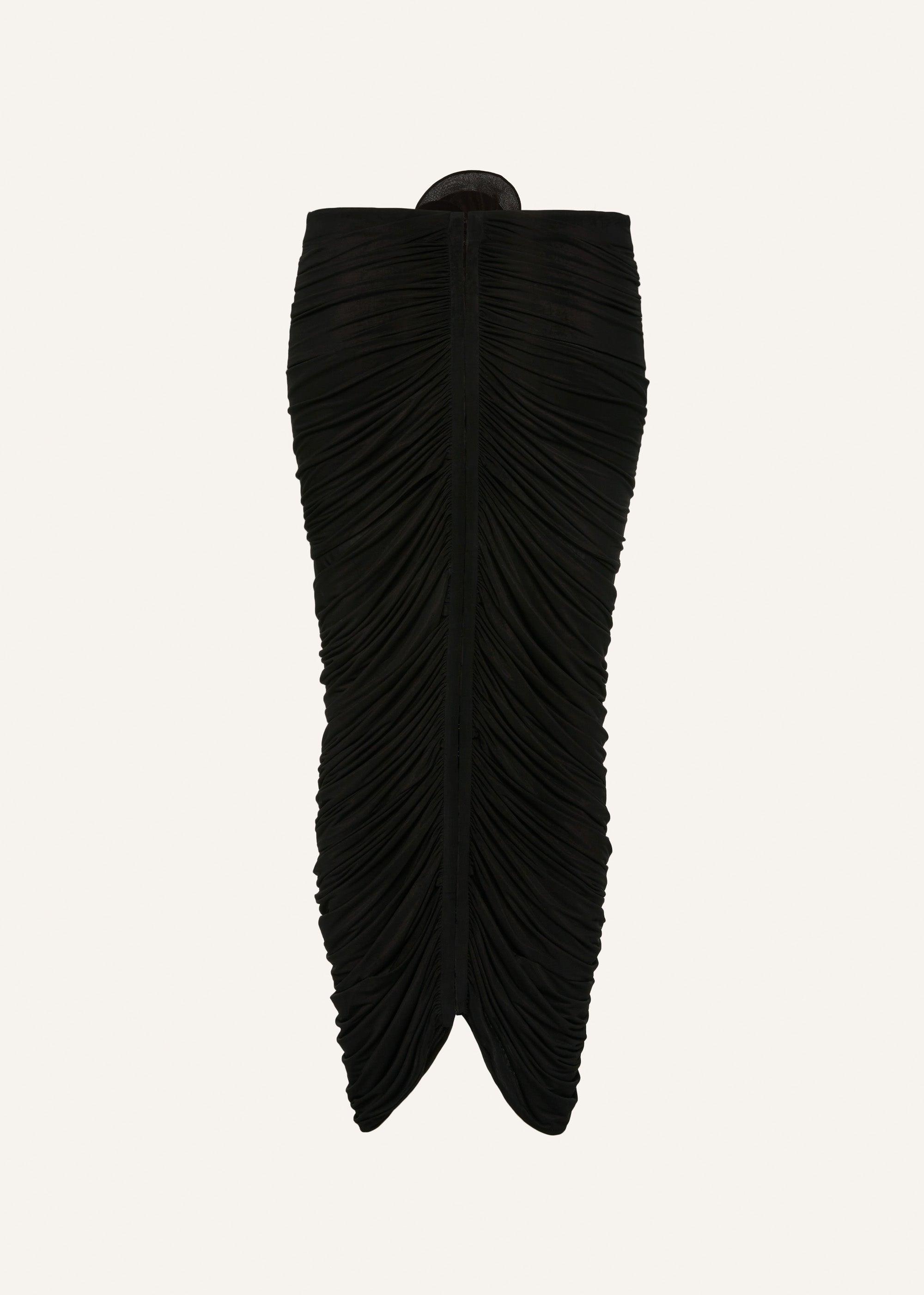 Ruched rose appliqué midi skirt in black Product Image