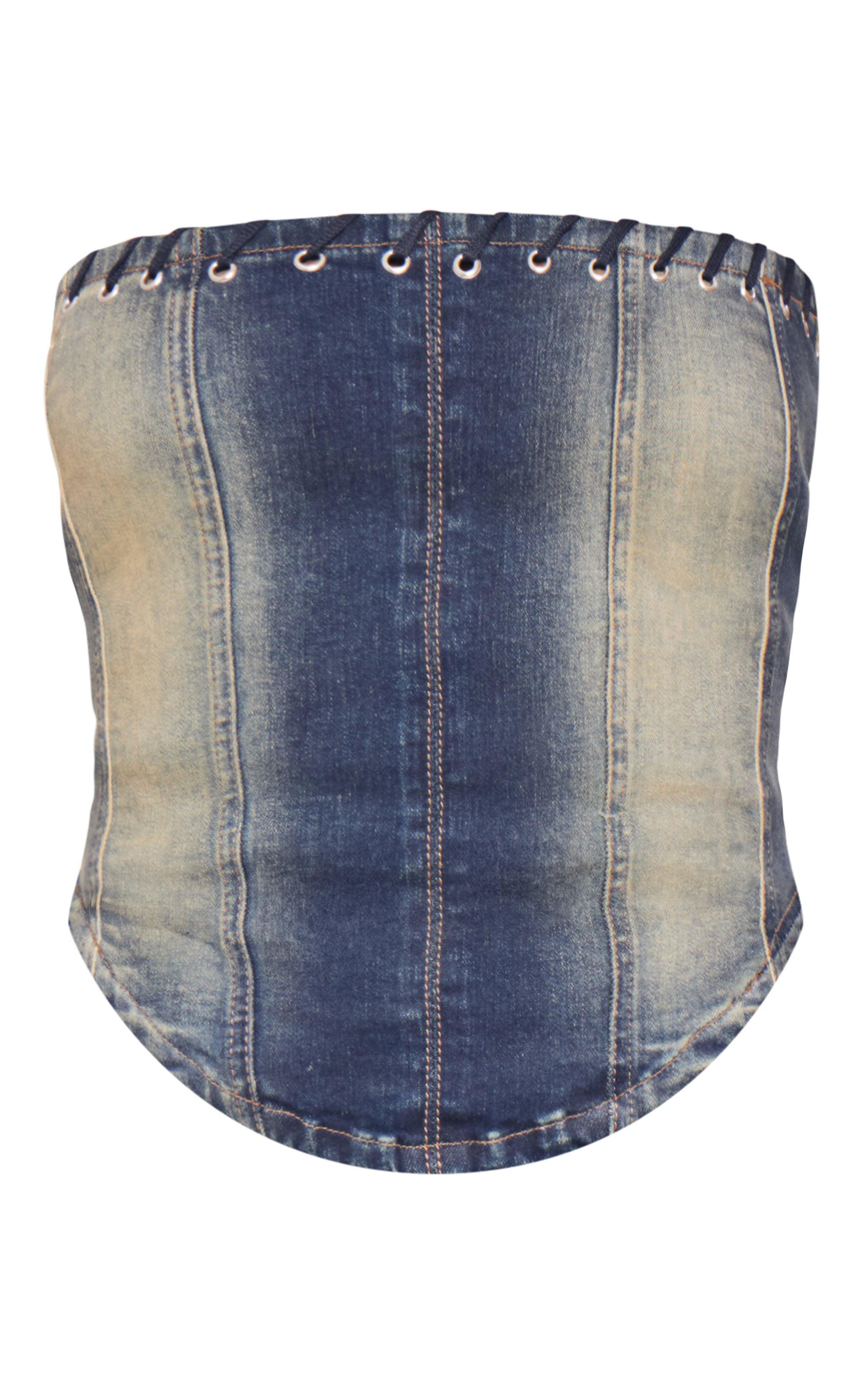 Tall Indigo Vintage Wash Eyelet Detail Denim Corset Top Product Image