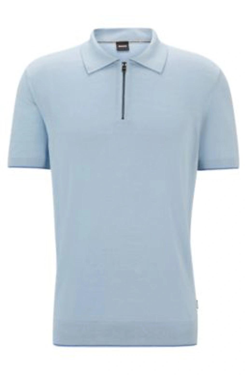 HUGO BOSS Zip-neck Polo Sweater In A Linen Blend In Light Blue Product Image