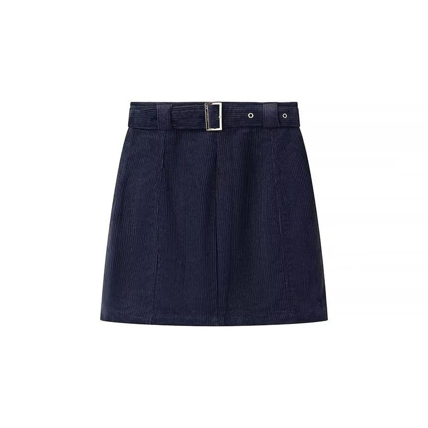 High Rise Plain Belted Corduroy Mini A-Line Skirt product image