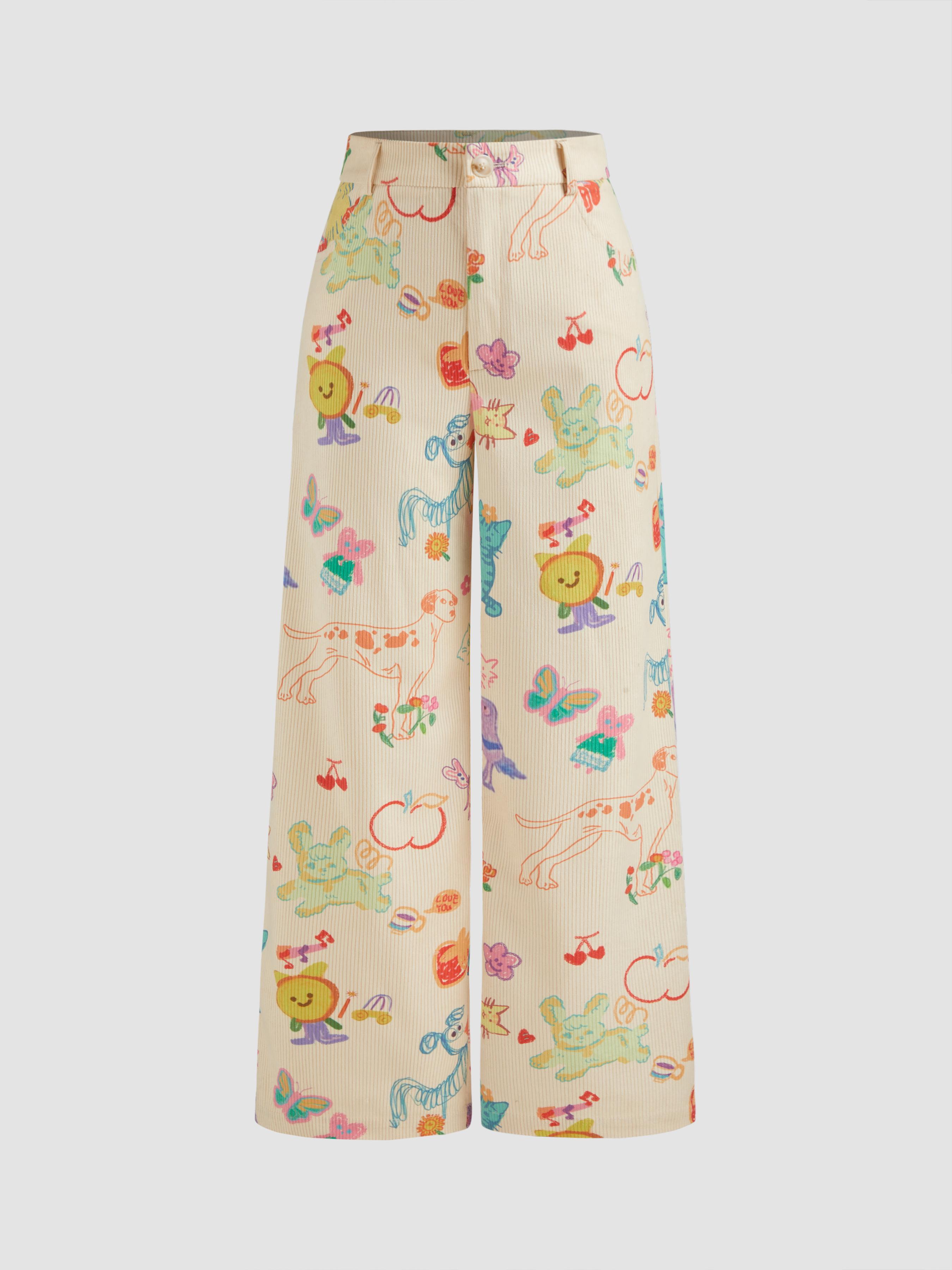 Corduroy Mid Rise Animal & Fruit Graphic Wide Leg Trousers Product Image