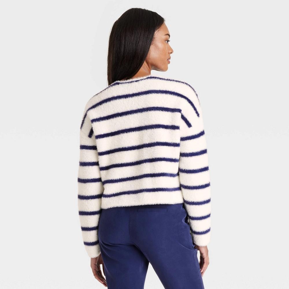 Women's Fuzzy Party Cardigan - A New Day™ Cream/Navy Striped XS Product Image