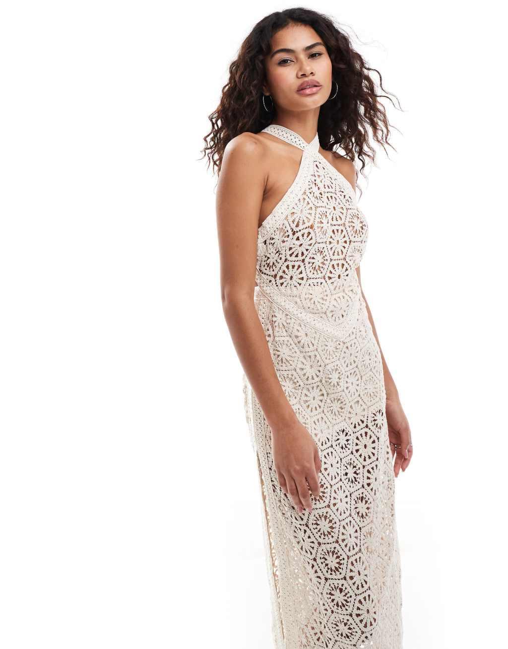 Amy Lynn crochet halter midaxi dress with cut out back detail in natural Product Image