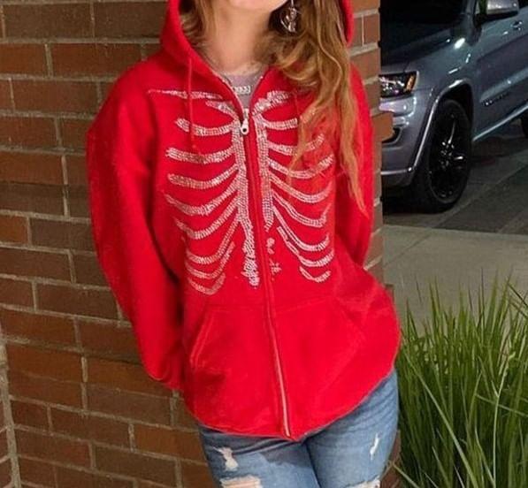 Oversized Rhinestone Ribcage Motif Zip Hoodie Product Image