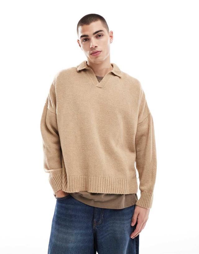 ASOS DESIGN super oversized boxy fit brushed knitted notch neck sweater in beige Product Image