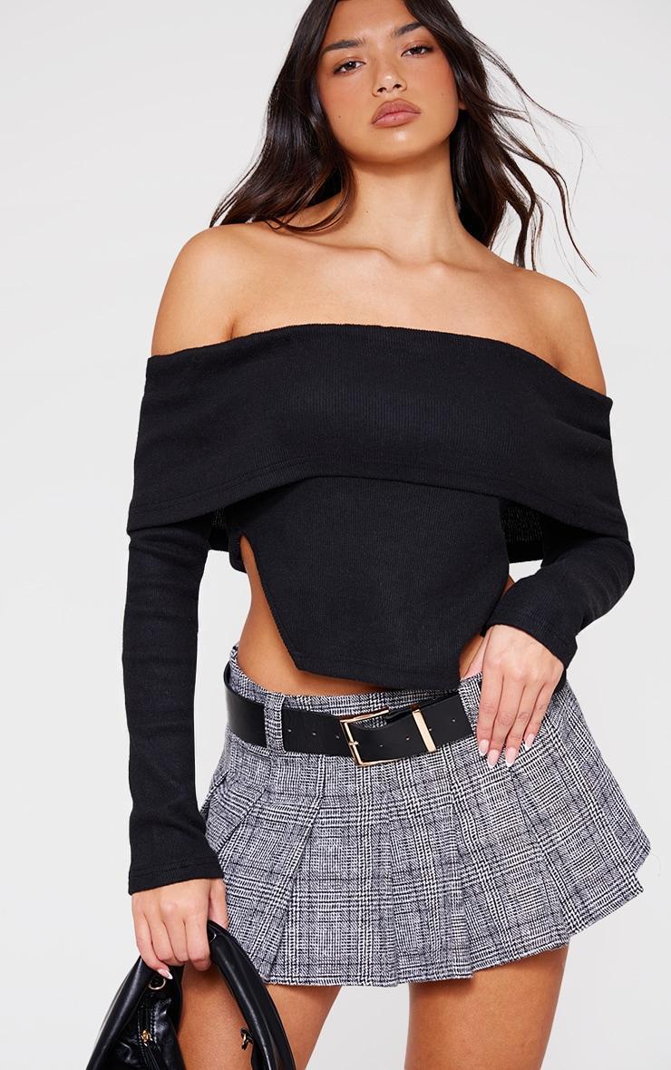  Black Brushed Rib Fold Over Detail Long Sleeve Top Product Image