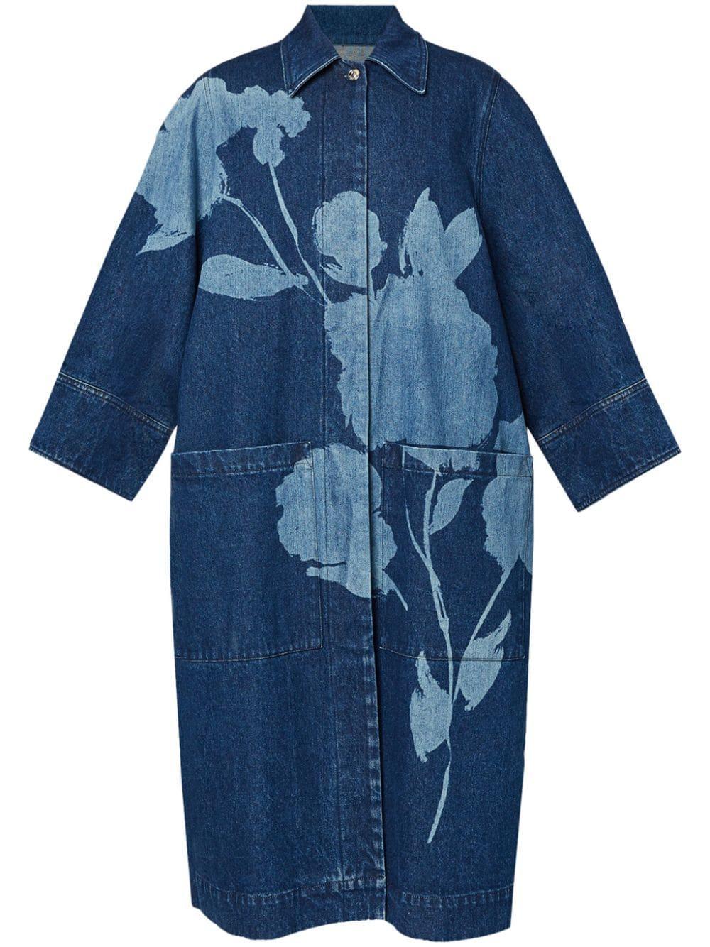 Denim Floral-printed Coat In Blue Product Image