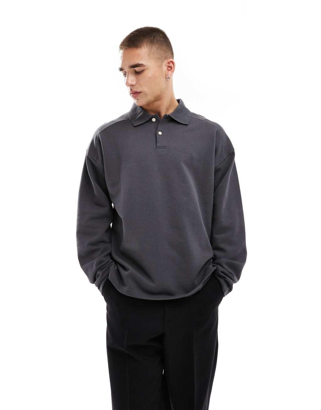 Selected Homme oversized polo shirt in dark gray Product Image