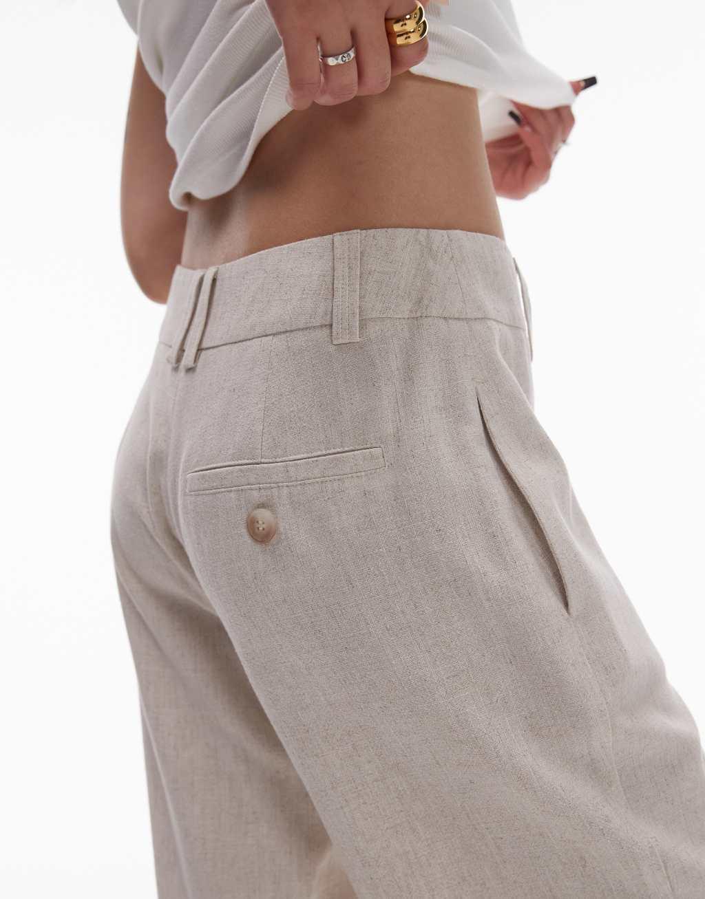 Topshop Petite low slung linen button pants in natural Product Image