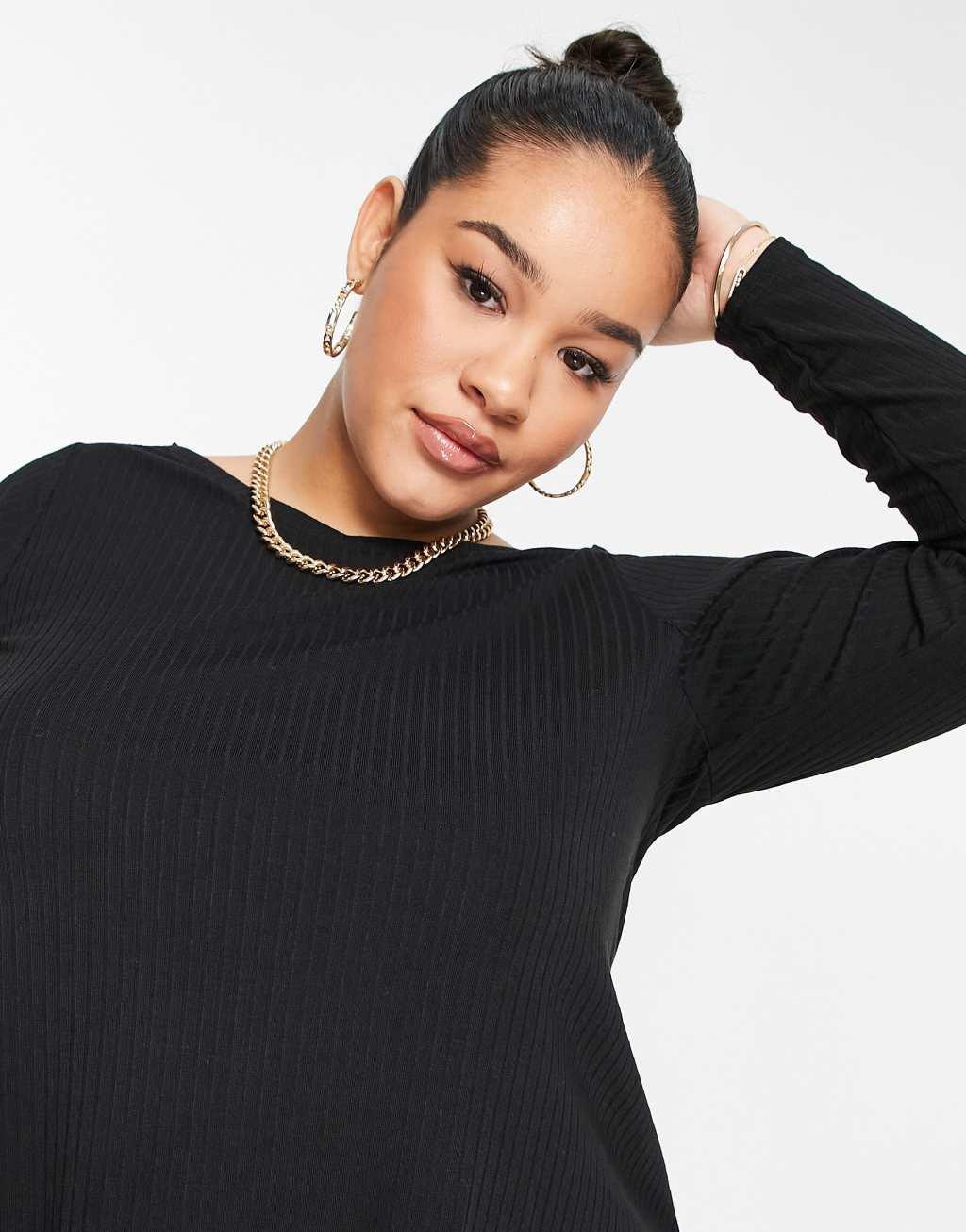 Yours ribbed long sleeve swing top in black Product Image