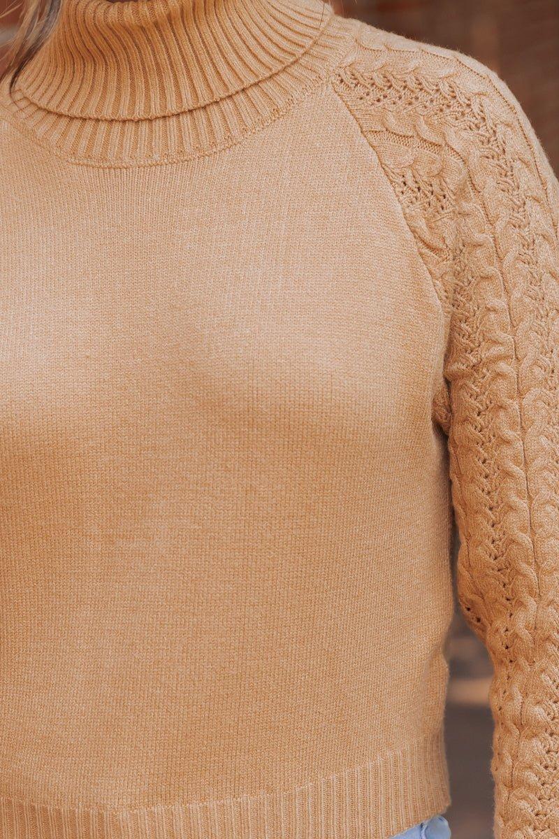 Camel Cable Knit Sleeve Turtleneck Sweater - FINAL SALE Female Product Image