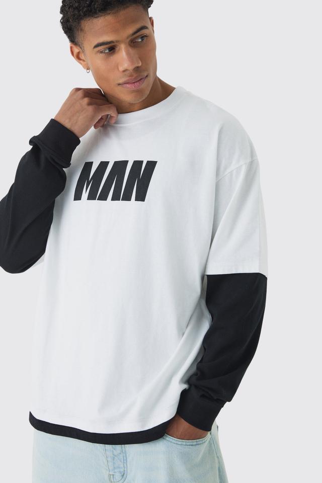 Mens White MAN Oversized Faux Layer T-Shirt, White Product Image