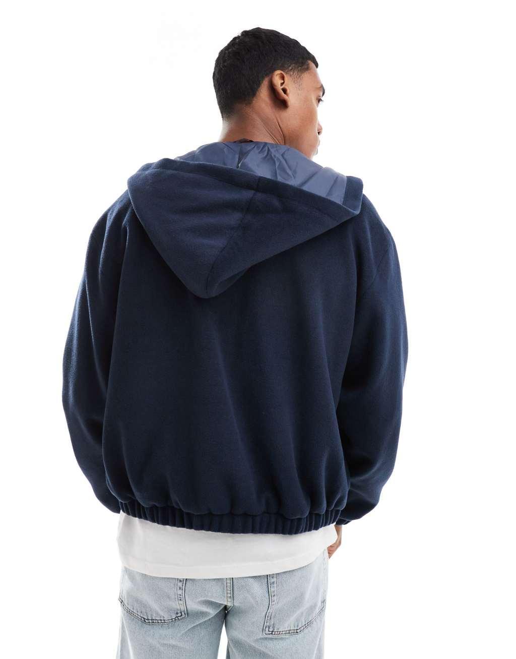 ASOS DESIGN wool look bomber jacket with hood in navy Product Image