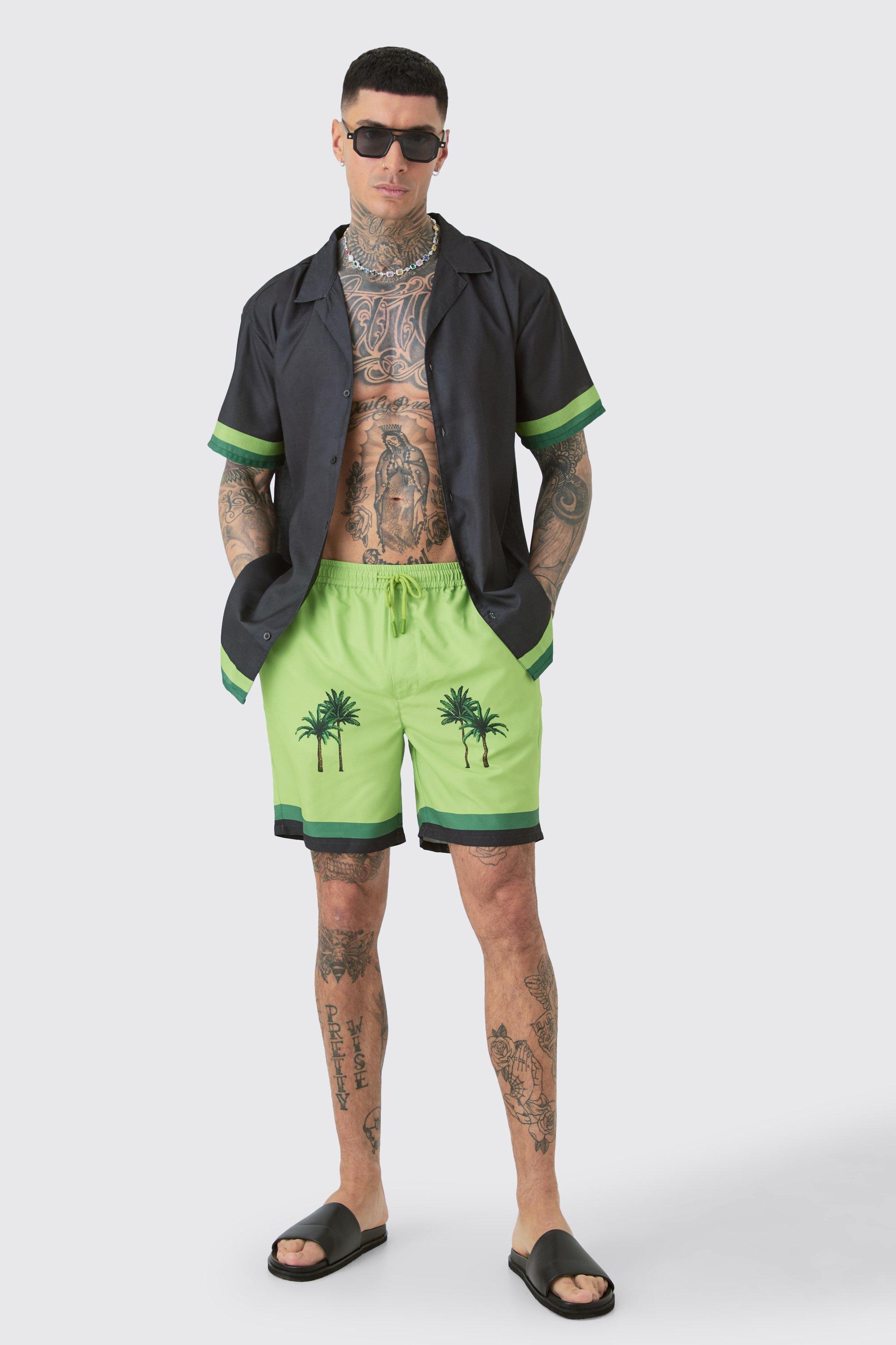 Tall Oversized Resort Print Shirt & Swim Short Set In Black | boohooMAN USA Product Image