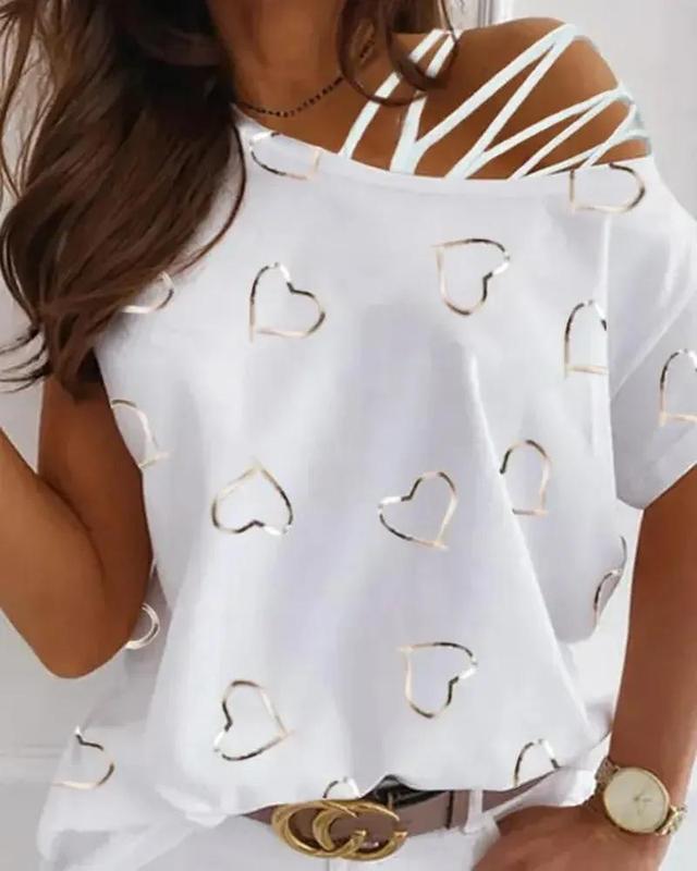 Olivia Mark – Heart Print Off The Shoulder Lace Up T-Shirt Product Image