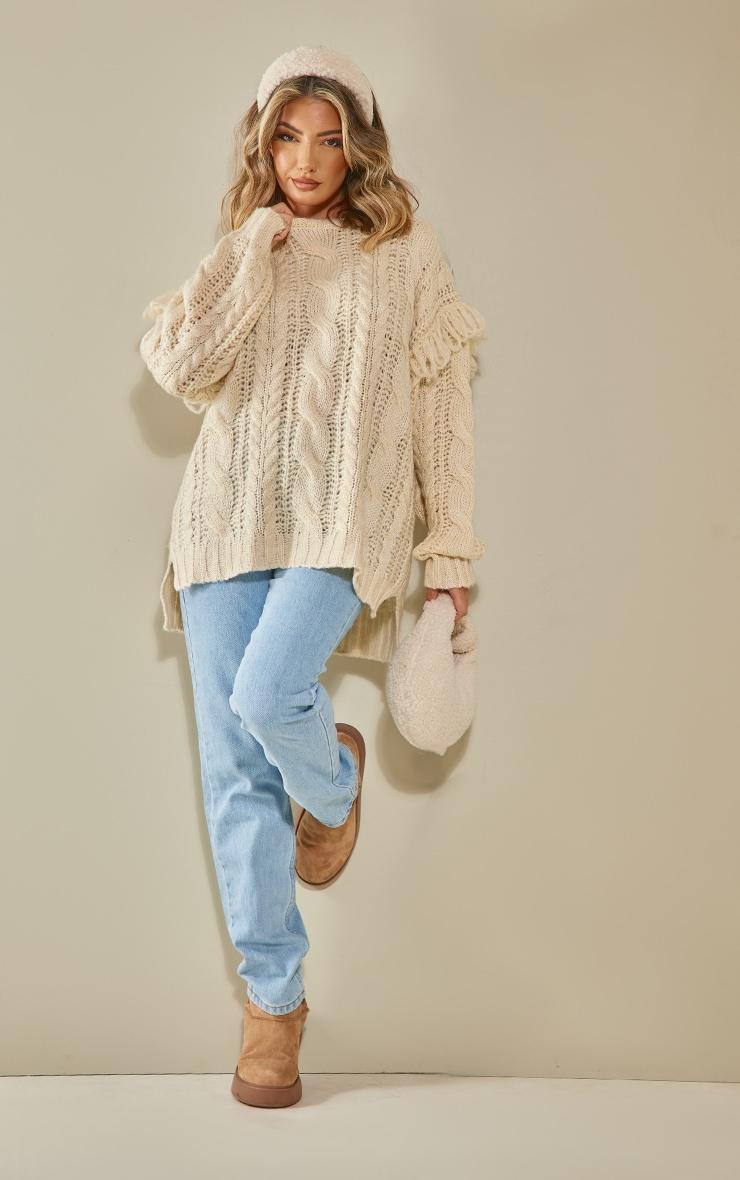 Cream Oversized Cable Knit Tassel Sweater Product Image