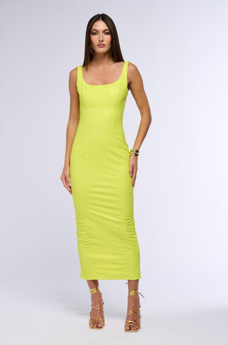 TAKE ME OUT FAUX LEATHER MAXI DRESS IN LIME Product Image