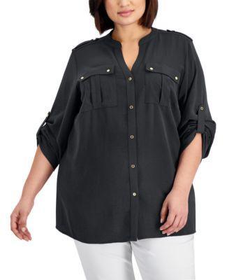 Plus Size Textured Roll Tab Button Down Shirt Product Image