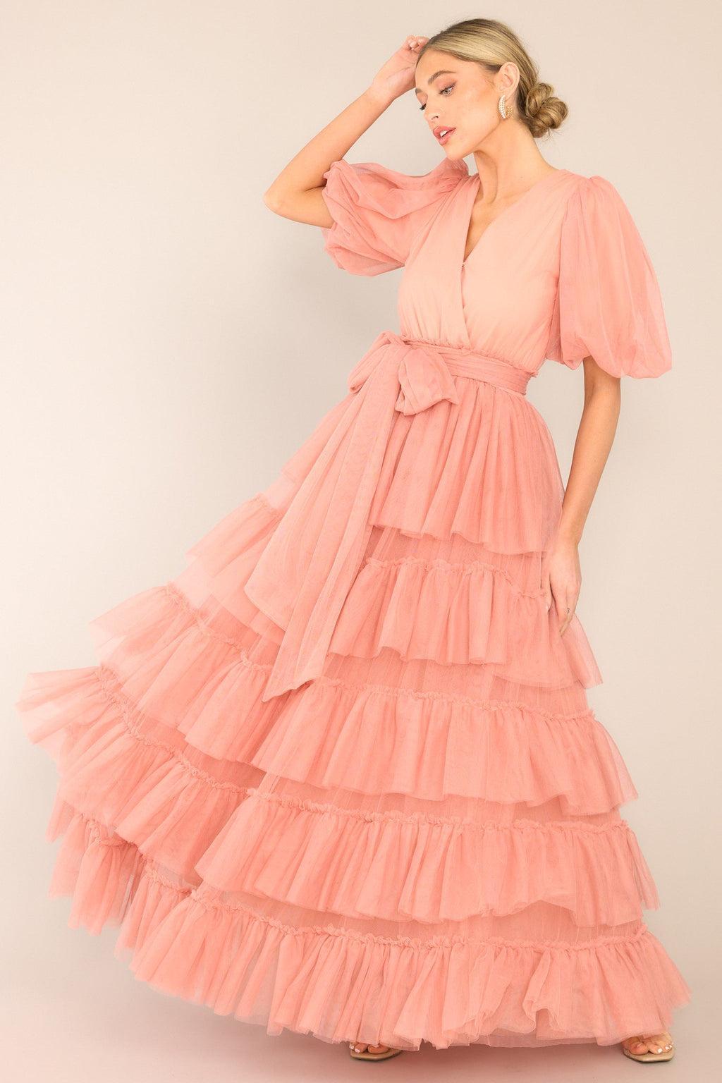 A Beautiful Feeling Rose Pink Tiered Tulle Maxi Dress Product Image