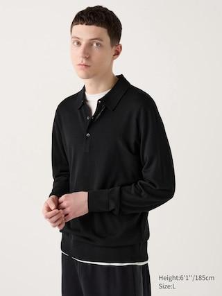 Mens Merino Knitted Polo Shirt Black Medium UNIQLO US Product Image