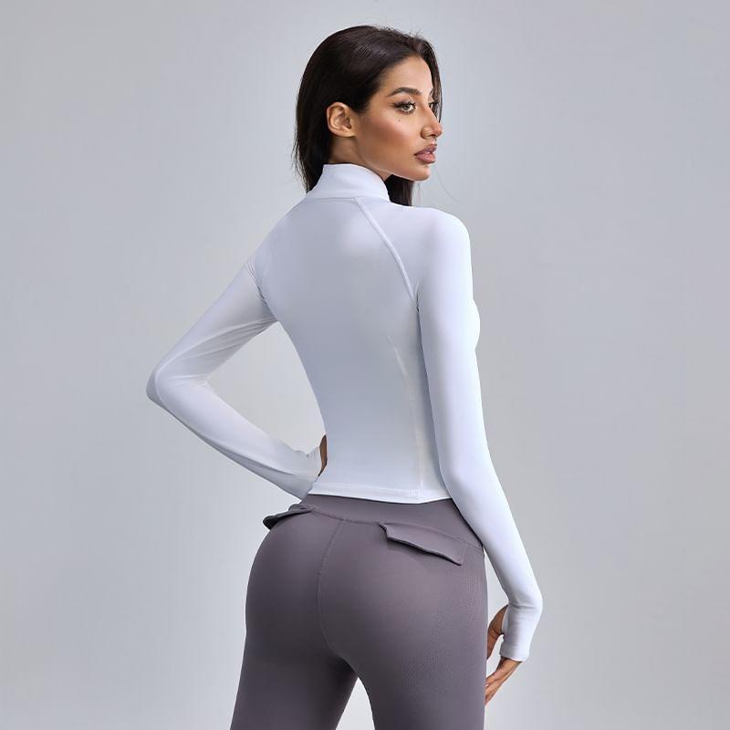 Long Sleeve Stand Collar Plain Panel Half Zip Yoga Top Product Image