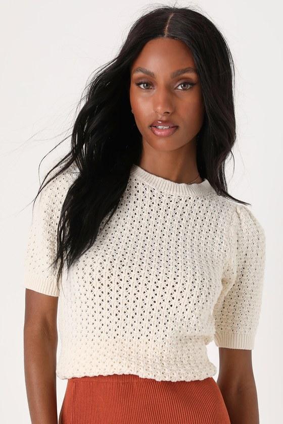 Total Trend Ivory Crochet Cutout Short Sleeve Sweater Top Product Image