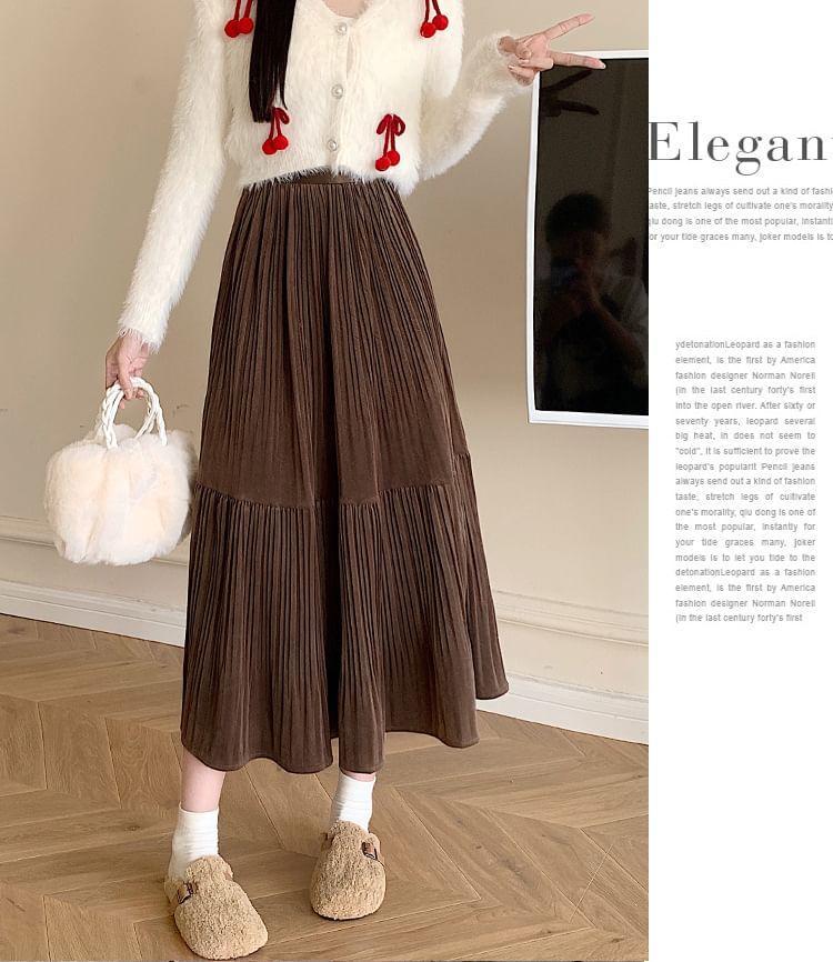 High Waist Plain Midi A-Line Pleated Skirt Product Image