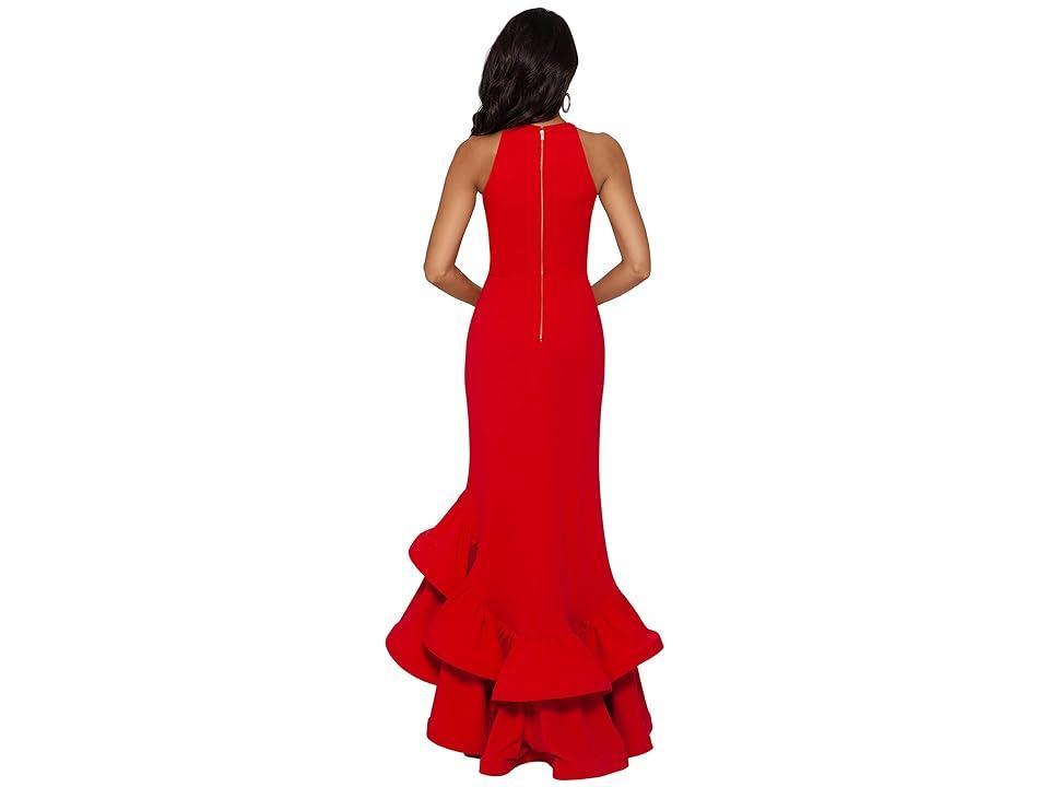 Betsy  Adam Round Neck Sleeveless Ruffle High-Low Stretch Crepe Gown Product Image