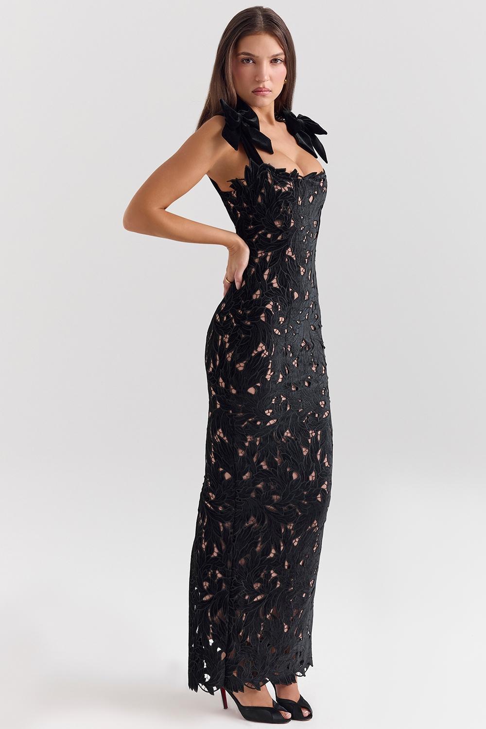 Tiff Black Velvet Lace Maxi Dress Product Image