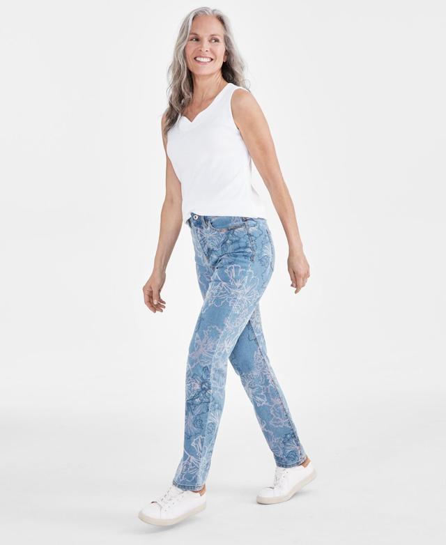 Petite Tulip Printed High Rise Natural Straight Jeans, Created for Macy's  Product Image