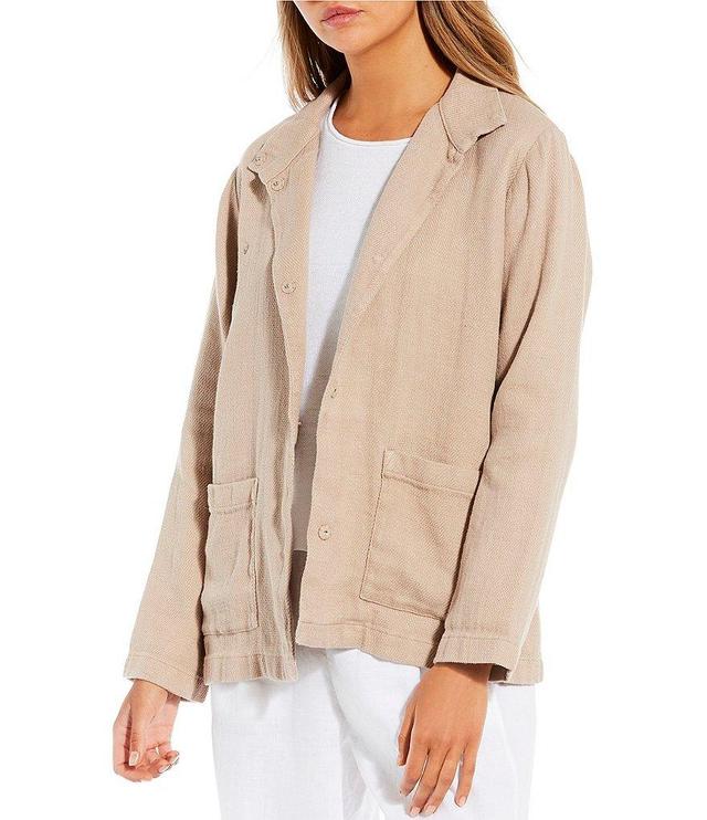 Eileen Fisher Organic Linen Cotton Stand Collar Long Sleeve Patch Pocket Button Front Jacket Product Image