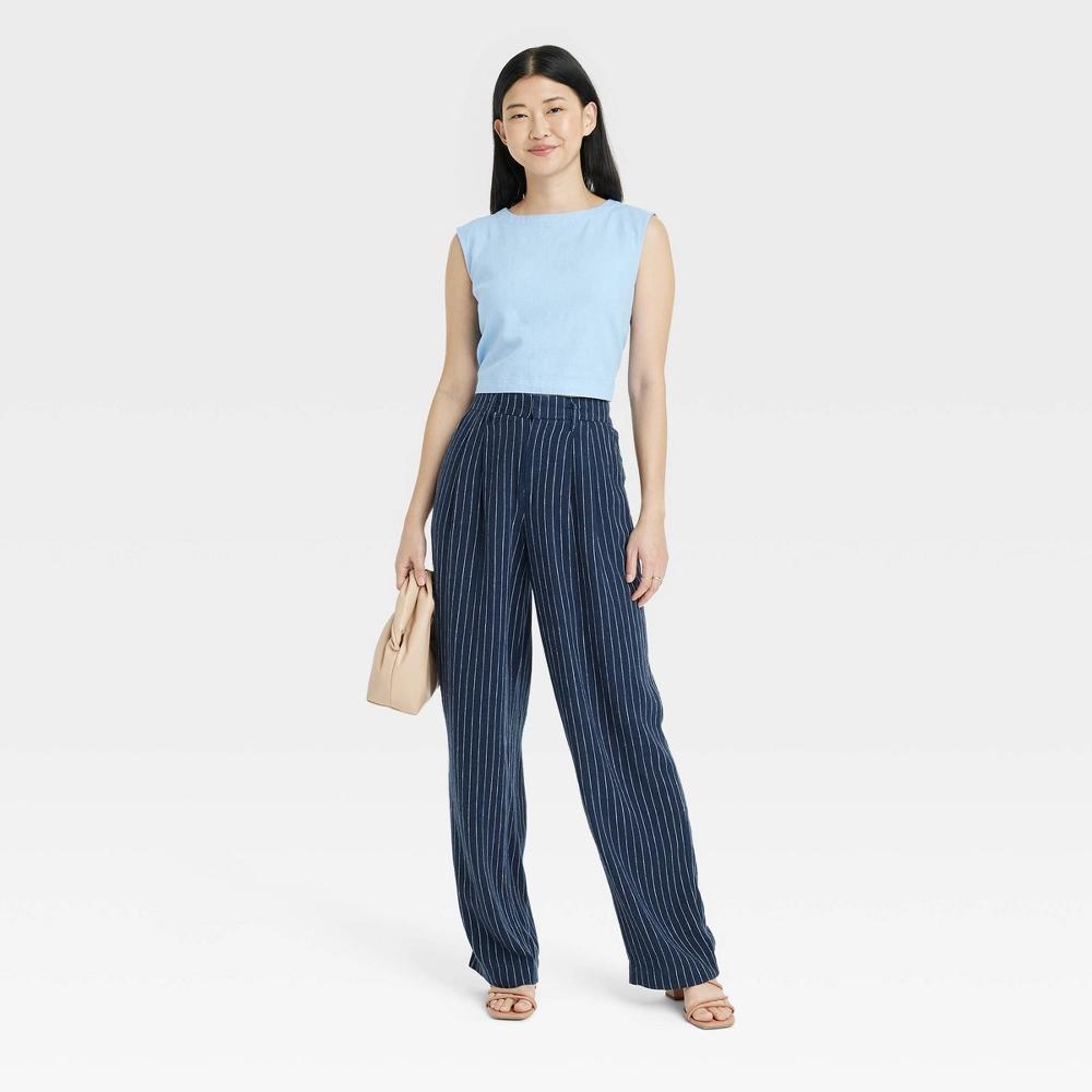 Womens High-Rise Linen Pleated Front Straight Pants - A New Day Navy/White Pinstripe 2 product image