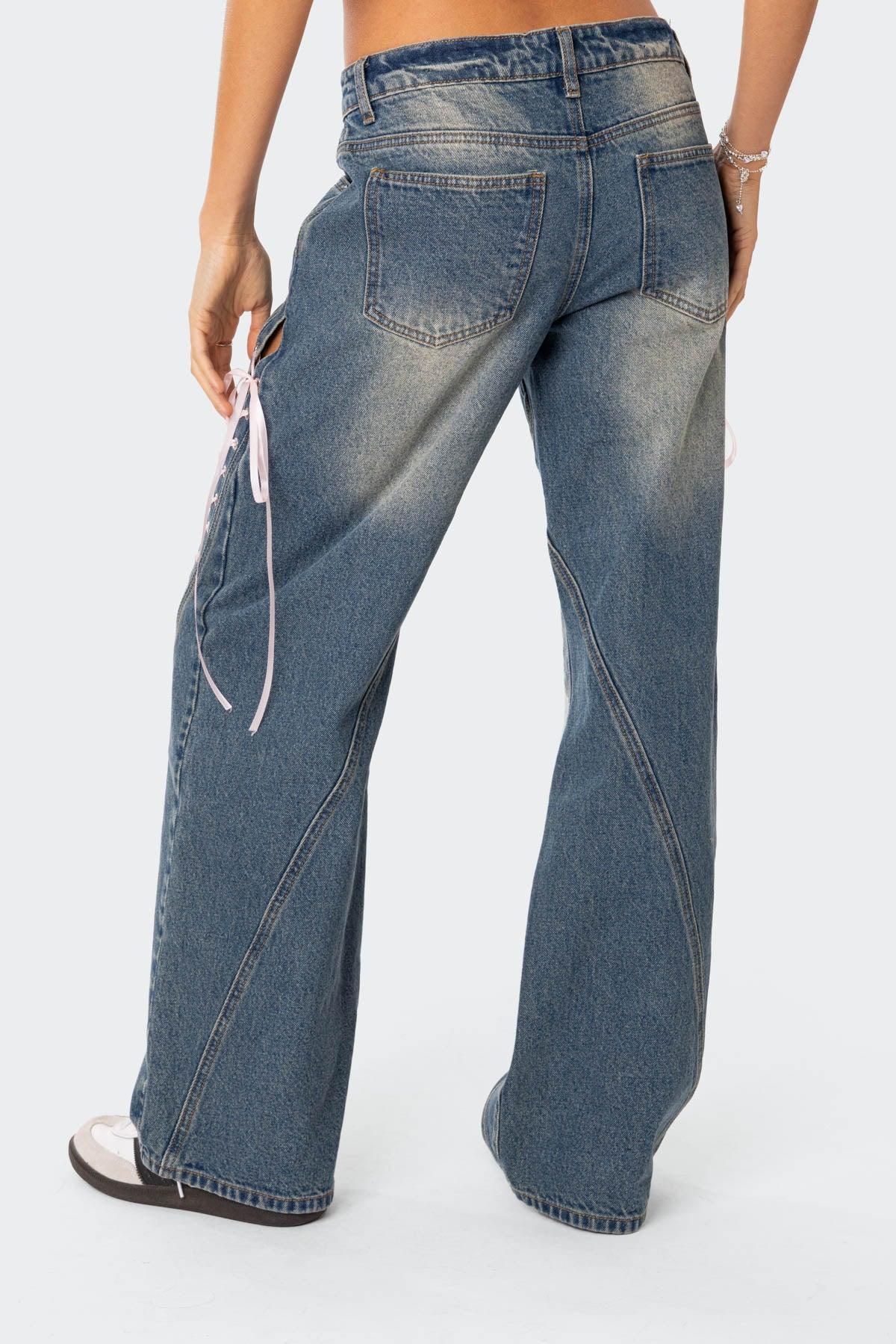 Low Rise Ribbon Lace Up Jeans Product Image