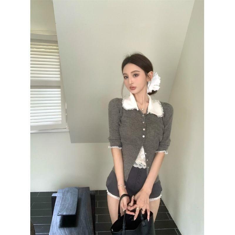 Short-Sleeve Contrast Collar Lace Trim Button Knit Top / Camisole Top / High Waist Button Fly Shorts Product Image