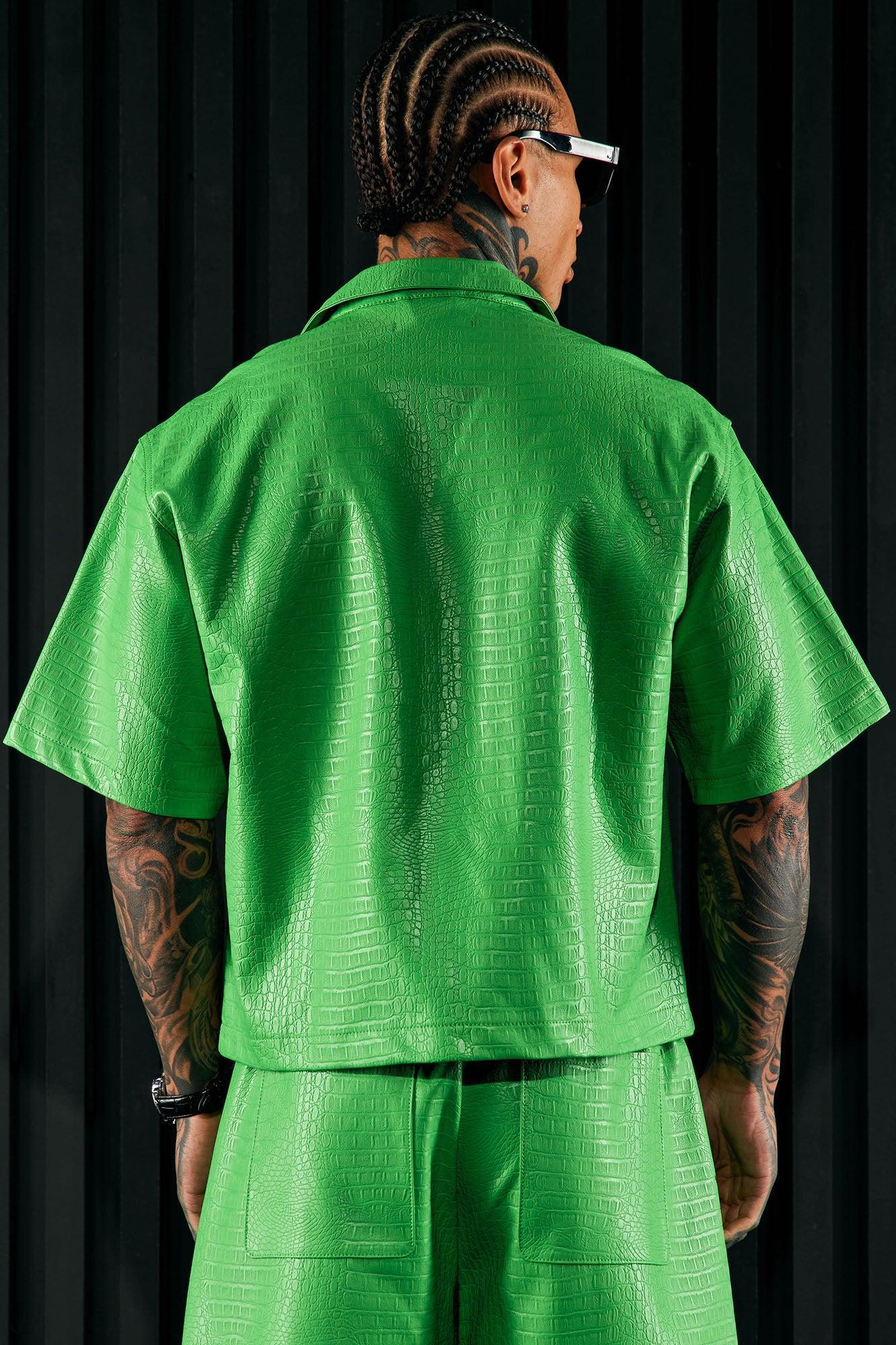 Gotta Run Faux Croc Leather Cropped Button Up Shirt - Green Product Image