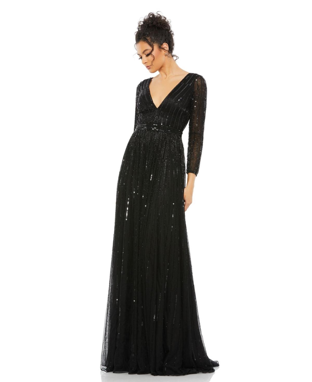 Mac Duggal Sequin & Bead Stripe Long Sleeve Mesh Gown Product Image